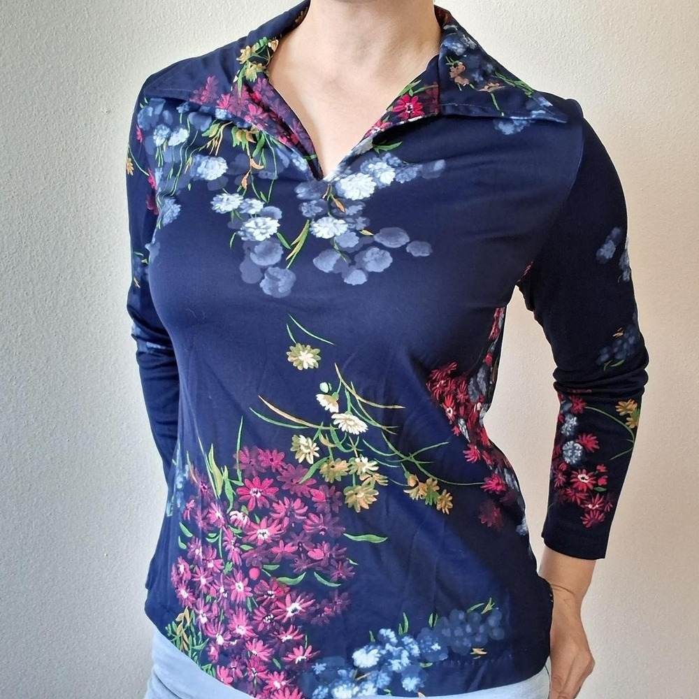 Vintage 70s Navy Magenta Floral Dagger Collar Top S